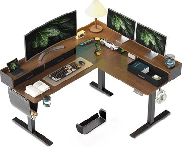 Регульований кутовий стіл L-подібної форми, електричний, 160 x 140 см. З 3 висувними ящиками, для офісу, геймінгу. Чорний горіх.