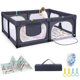 Дитячий манеж COSTWAY Laufstall з матрацом 189 x 158 см, з 50 м'ячиками та 4 ручками, дитяче огородження, намет-манеж з дихаючою сіткою для малюків (темно-сірий)