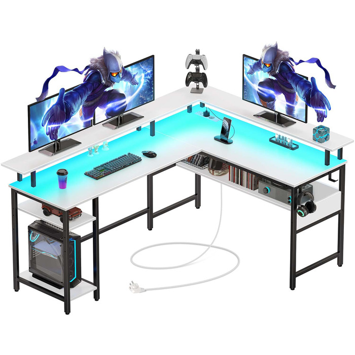 Ігровий стіл Rolanstar L-подібної форми з LED-підсвічуванням та розеткою, 137 x 108 см, комп'ютерний стіл з підставкою для монітора та місцем для зберігання, реверсивний кутовий стіл для офісу, домашнього офісу (Білий)