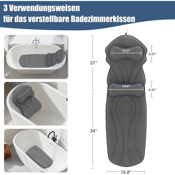 Подушка для ванни на все тіло з підтримкою шиї, плечей та попереку. Подушка для ванни з повітряної сітки 5D для жінок, сірого кольору.