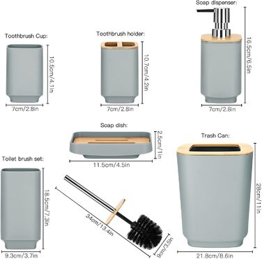 Набір аксесуарів для ванної кімнати JOTOM з бамбука 6 предметів, сучасний дизайн, сірий - дозатор для мила, тримач для зубних щіток, чашка для зубів, мильниця, щітка для унітазу, відро для сміття