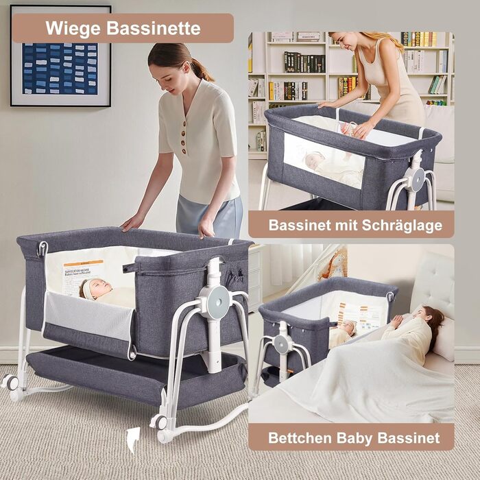 Дитяче ліжко-манеж 4 в 1 з регулюванням по висоті, з коліщатками та москітною сіткою, сірий колір