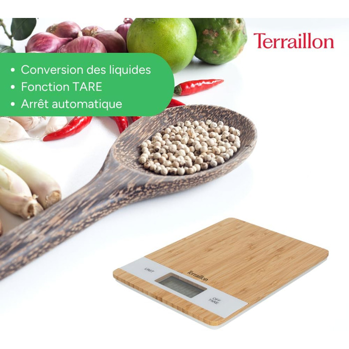 Кухонні ваги TERRAILLON Bamboo з USB-зарядкою, функція Tara, перетворення об'єму, 5 кг, бамбук