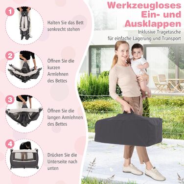 Дитяче туристичне ліжко COSTWAY 5 в 1 з матрацом, функція ліжечка-гойдалки, з регульованим козирком, пеленальний столик, музична іграшка та сумка для перенесення, до 15 кг (квітковий принт)