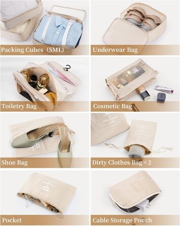 Набір органайзерів для подорожей Anjing (11 предметів), водонепроникні пакувальні куби для валізи, навігаційні органайзери для одягу, темно-синій/бежевий