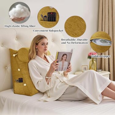 Підкова для читання Bettkeil, регульоване подушечкове ліжко, трикутна подушка, подушка-клинок, диванна подушка для попереку, шиї, подушка для підтримки спини з знімним льняним чохлом (жовтий, з подушкою для шиї 60см)