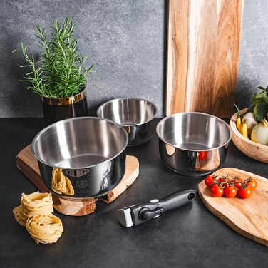 Набір каструль з знімними ручками (3 шт.) - нержавіюча сталь з покриттям - для всіх типів плит