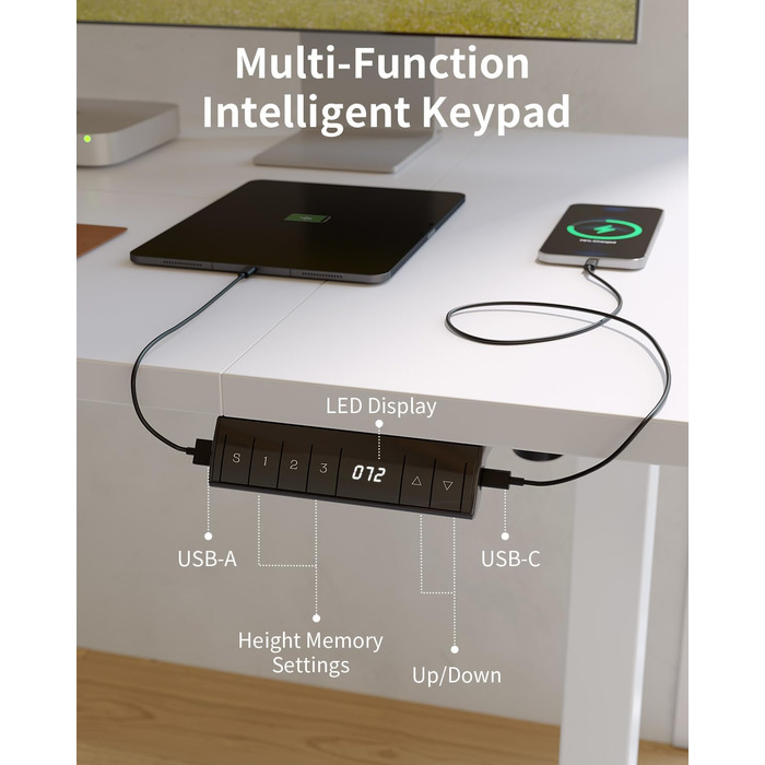 FEZIBO Стол підйомний електричний з USB-A та USB-C, 160 x 80 см, білий. Ергономічний стіл для дому та офісу