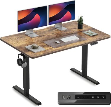 Електричний стіл CUBICUBI з регулюванням висоти, 140 x 60 см. Стельовий стіл з T-подібними ніжками зі сталі, пам'ять керування, антиколізійна система, чорний каркас/коричнева стільниця