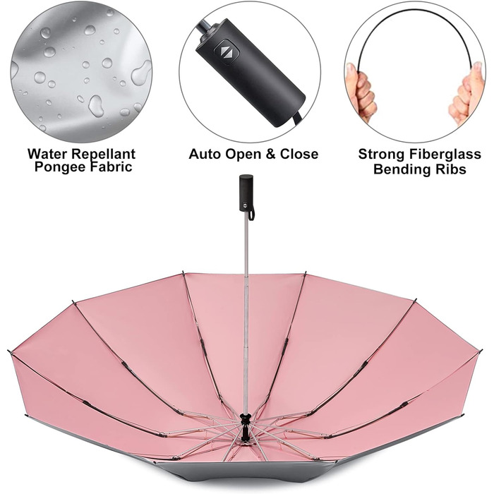 Дюймова штормонепроникна парасолька, захист від ультрафіолету UPF 50, автоматичний, компактний, 10 ребер, сріблястий/рожевий, 4Free 54-
