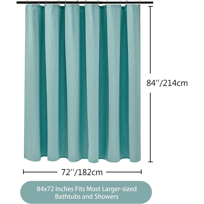 Вафельна фіранка для душу з металевими кільцями, тканинна текстильна завіса для ванни, набір водонепроникних завісок для ванної, щільна завіса для душу, ванна кімната - 92 x 182 см (білий) (вафельно-Бірюзовий, 182 x 214 см(WxH))