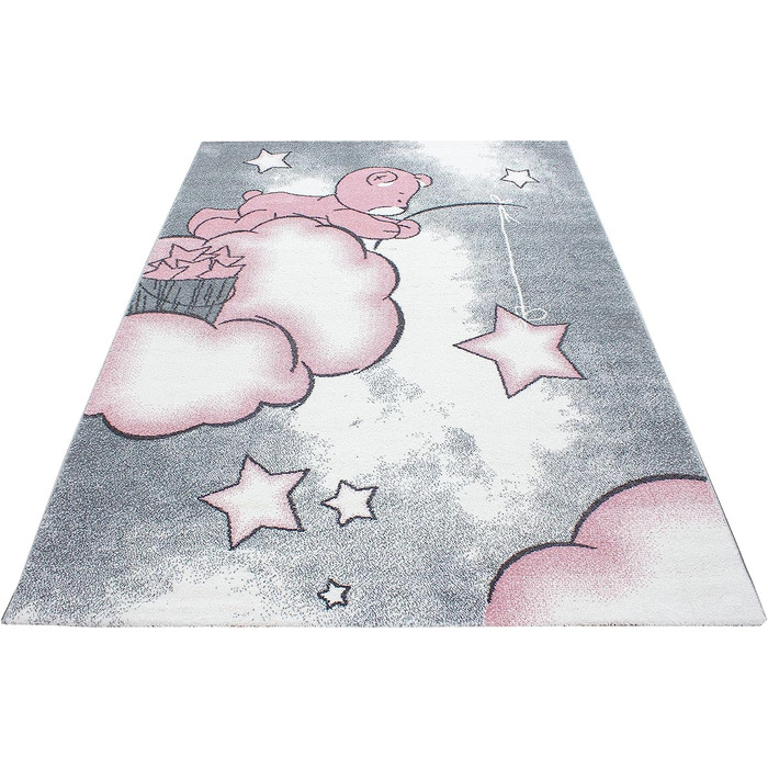 Дитячий килимок із зображенням ведмедика і зірки, прямокутний, не вимагає особливого догляду, Килимки для дитячої, дитячої або ігрової кімнат, Розмір 80 х 150 см, Колір сіро-рожевий 80 х 150 см рожевий