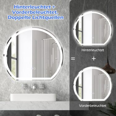 Дзеркало для ванної кімнати RELAX4LIFE з підсвічуванням, настінне напівкругле, 60 x 54 см, LED, сенсорне керування, функція пам'яті, антизапар, 3 кольори світла, регулювання яскравості