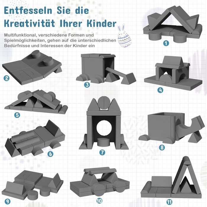 Модульна дитяча кушетка-конструктор MAMIZO Spielsofa Cord, 15 елементів, сірий колір. Кушетка для ігор та відпочинку, екологічна тканина Oeko-Tex, для дитячої кімнати.