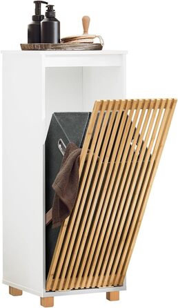 Тумбочка у ванну кімнату SoBuy, вузька, 33x165x33 см, з бамбуковими дверцятами, білий колір, для зберігання речей