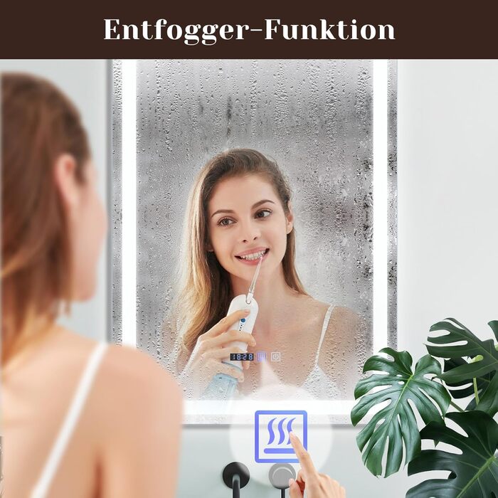 Дзеркало для ванної кімнати Mursche з підсвічуванням LED, 50x70 см, IP44, сенсорний вимикач, годинник, протитуманна функція, регулювання яскравості, 3000K-6500K, прямокутна форма