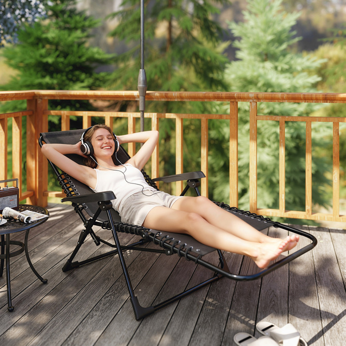Зручний розкладний шезлонг для саду з підголовником, спинка регулюється в 5 положеннях, витримує до 120 кг, колір чорний