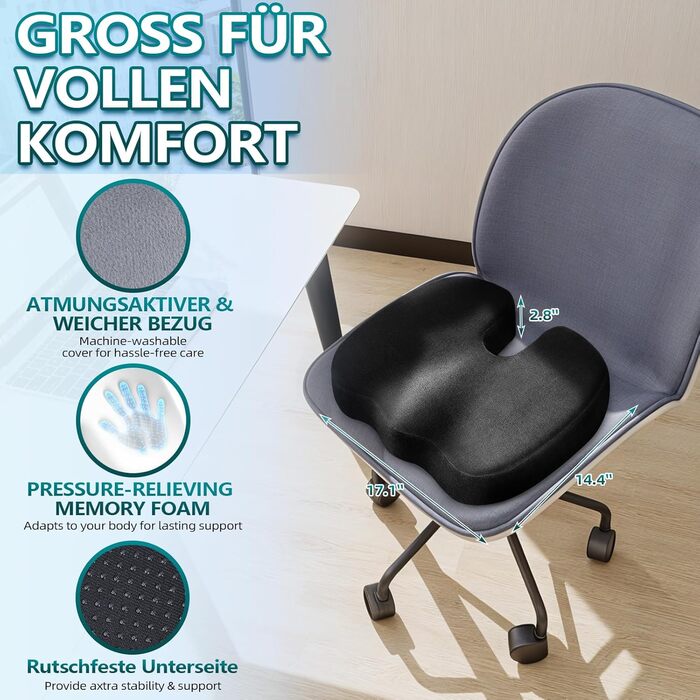Ортопедична подушка для сидіння Ecosafeter з піною Memory Foam - для поліпшення кровообігу та полегшення болю в куприку. Ергономічна подушка для офісного, комп'ютерного стільця та інвалідного візка. Чорний колір.