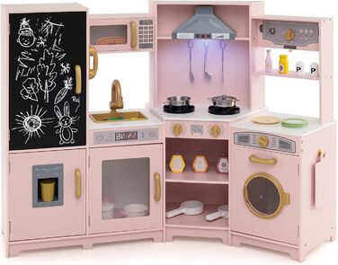 Дерев'яна дитяча кухня COSTWAY з підсвічуванням та звуком, кутова кухня з дошками, мікрохвильовою піччю, раковиною, духовкою та місцем для зберігання, з аксесуарами, іграшкова кухня для дітей від 3 років (білий/рожевий)