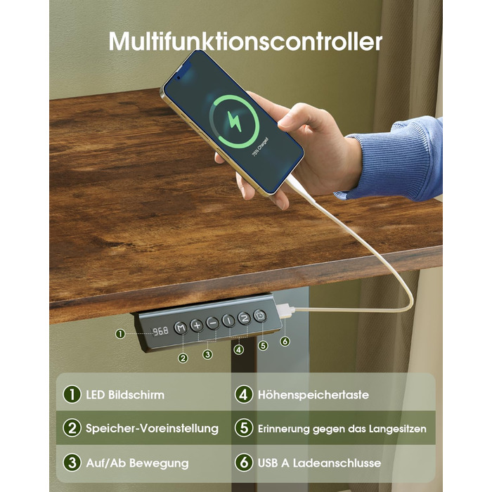 Електричний регульований стіл Flamaker з пам'яттю, ігрова модель, 160 x 60 см (Бежевий+Білий, Вінтажний Коричневий)