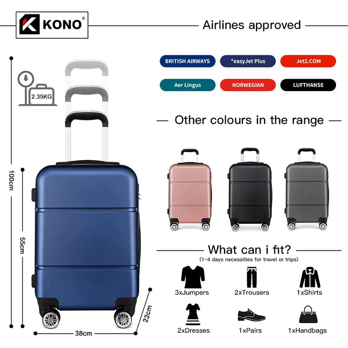 Валіза ручної поклажі KONO 55x38x22 см, 33 літри, ABS, Marineblau