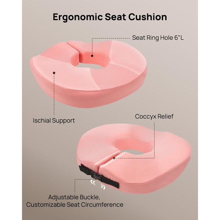 Ортопедична подушка-кільце Feagar для сидіння, ергономічна подушка-пончик від геморою, ішіасу та для післяпологового відновлення, регульована (Рожева, стандарт 60-100 кг)