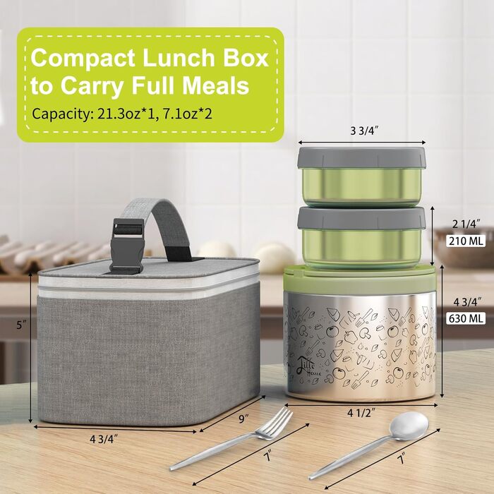 Набір ланч-боксів Lille Home 1065 мл з термоізоляцією, 2 контейнери BPA-free, сумка, столовий прилад, зелений
