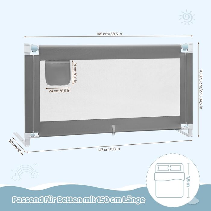 Бортик для ліжка WOLTU 150 см, захисний бар'єр для дітей та немовлят, регульована висота 69-87 см, тканина Оксфорд, металевий каркас, темно-сірий