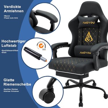 Ігровий крісло Andyou Racing Gamer, ергономічний крісло з підставкою для спини, штучна шкіра, 130 кг, чорний