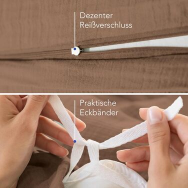 Комплект постільної білизни Dreamzie з мусліну, 135x200 см, 100% бавовна (муслін) – 2 наволочки 80x80 см, 2 наволочки 80x80 см, з блискавкою, сертифікат Oeko-Tex (Мокко, 200x200 см + 2 x 80x80 см)