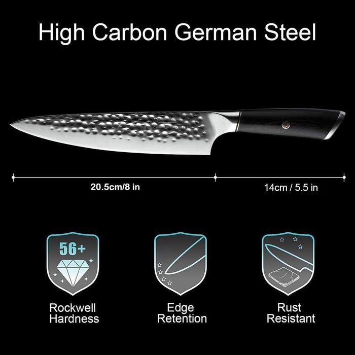 Ніж кухарський 8 дюймів (20 см), професійний дамастковий ніж, ніж для кухні, ніж шеф-кухаря, ніж для м'яса з нержавіючої сталі, гостре лезо, ергономічна ручка, для дому та ресторану