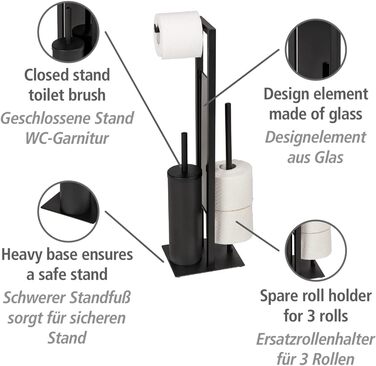 Комплект для унітазу WENKO Rivalta, закритий стоячий унітаз з матової лакованої сталі з важкими скляними пластинами з безпечного скла, з туалетною щіткою, тримачем для туалетного рулону та тримачем для запасного рулону, чорний чорний/чорний/чорний