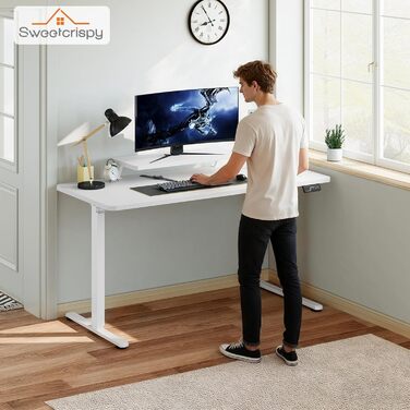 Регульований стіл Sweetcrispy з підставкою для монітора, електричний, ергономічний, стоячи/сидячи, комп'ютерний, vintage, білий, 120 x 60 см