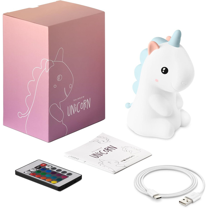 Нічник Unicorn - USB-C, пульт дистанційного керування, силікон, з можливістю затемнення, таймер, синій