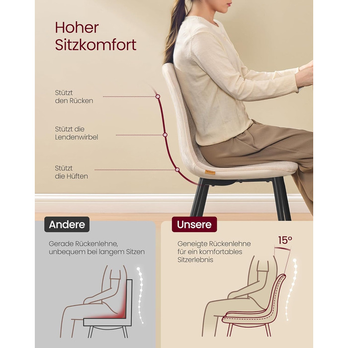 Стільці для їдальні VASAGLE (2 шт.) - м'які, з металевими ніжками, регульовані, кремово-білі