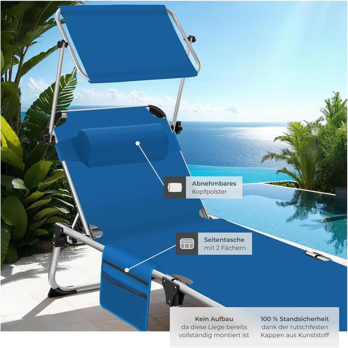 Шезлонг Tectake з дахом, шезлонг для балкона з алюмінію, складаний садовий шезлонг, стійкий до погодних умов, лежак для саду, кемпінгу та пляжу, регульована спинка, подушка для голови, бічна кишеня - сірий меланж (блакитний)