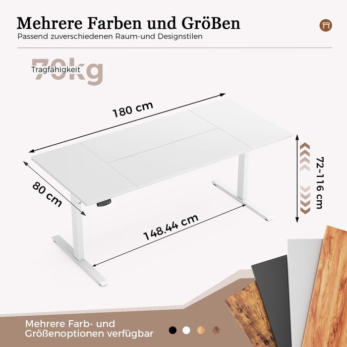 Регульований стіл Klicelor, електричний, з пам'яттю, 180x80 см, білий