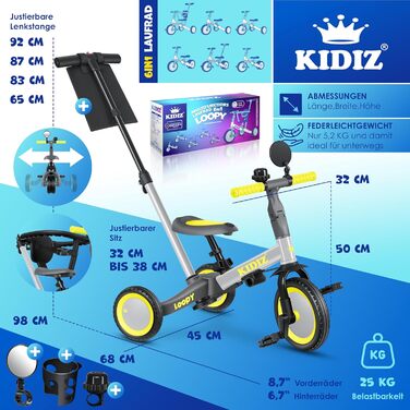 Біговел-триколіс KIDIZ 6-в-1 для дітей від 1 до 5 років (до 25 кг), сірий: з ручкою, захисним бампером, ременем безпеки, дзвінком та дзеркалом
