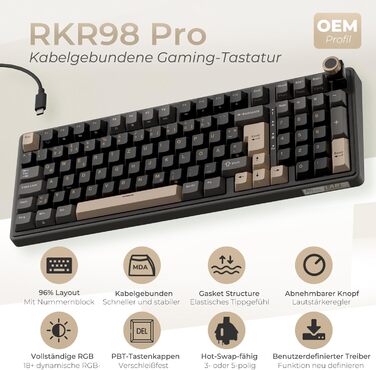 Механічна клавіатура Royal Kludge R98 Pro: 96% layout, RGB, NumPad, PBT, Hot-Swap, Creamy Switches, Grey