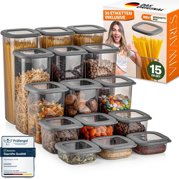 Набір контейнерів для зберігання продуктів 18 шт. – з контейнером для спагеті 2.0л, 6 баночок для спецій з дозатором, стійкі до утворення конденсату, BPA-free, 52 етикетки (12 шт) + 6 дозатори для спецій (набір 15 шт, сірий)