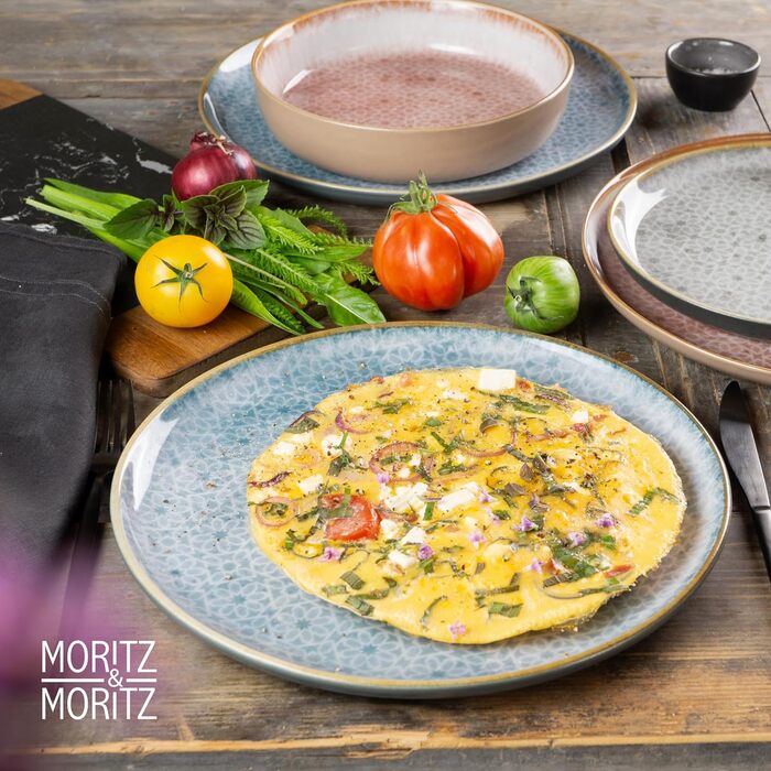 Набір посуду Moritz & Moritz TERRA на 6 осіб: 6 тарілок для їжі, десертних тарілок, мисок (Азурний блакитний), 6 великих тарілок з високоякісного порцеляну