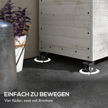 Підвищене грядка на колесах, з полицею, внутрішнім покриттям, ефект потертостей, 110x50x95 см, білий