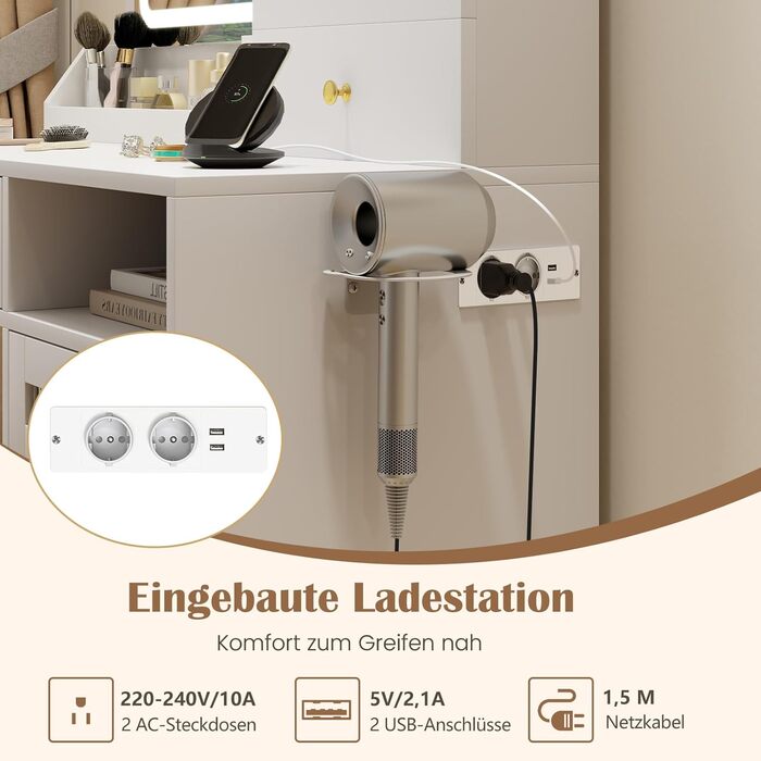 Тумбочка для макіяжу з LED-підсвічуванням COSTWAY, туалетний столик з зарядкою, дзеркало, пуф, 3 ящики, місце для фену, білий + золотий