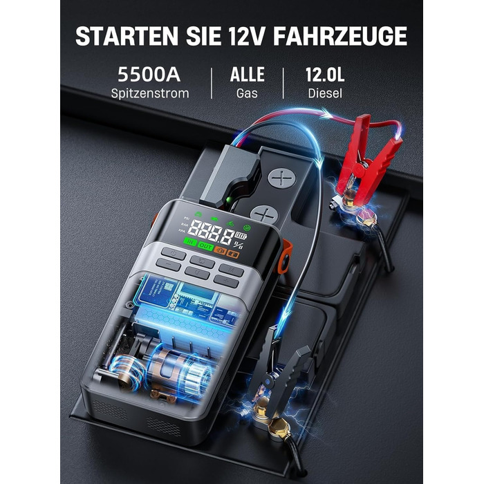 Портативний пусковий пристрій ANFLAG 5500A з компресором 150PSI, LCD-екраном та LED-ліхтариком (сірий)