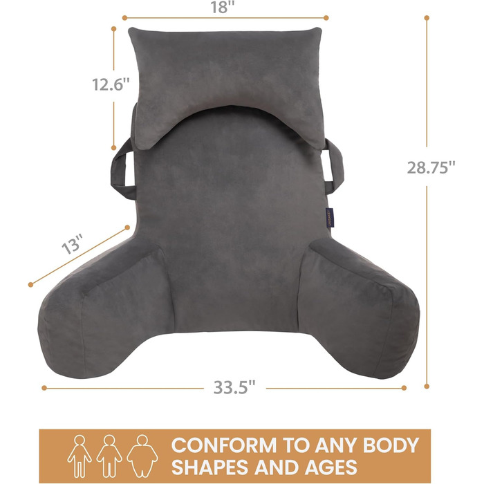 Підлогове крісло для читання з підголовником (світло-сірий, Oeko-Tex), м'яке спинне крісло з підлокітниками та кишенями для дорослих, зручне ліжко-крісло з Memory Foam для гуртожитку, світло-сірий, великий, преміум-якість