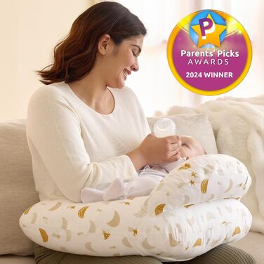 Подушка для годування Momcozy Stillkissen з безпечним бортиком – ергономічна подушка для годування та підтримки з регульованим ремінцем та знімним бавовняним чохлом, Медовий дощ (бежевий та помаранчевий)