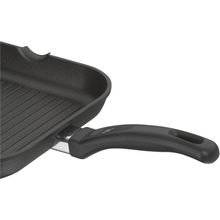 Сковорода-гриль WMF 27x27 см з виливом, алюмінієва з антипригарним покриттям, для стейків та хрусткої смаження, квадратна, з пластиковим ручками, не для індукційних плит