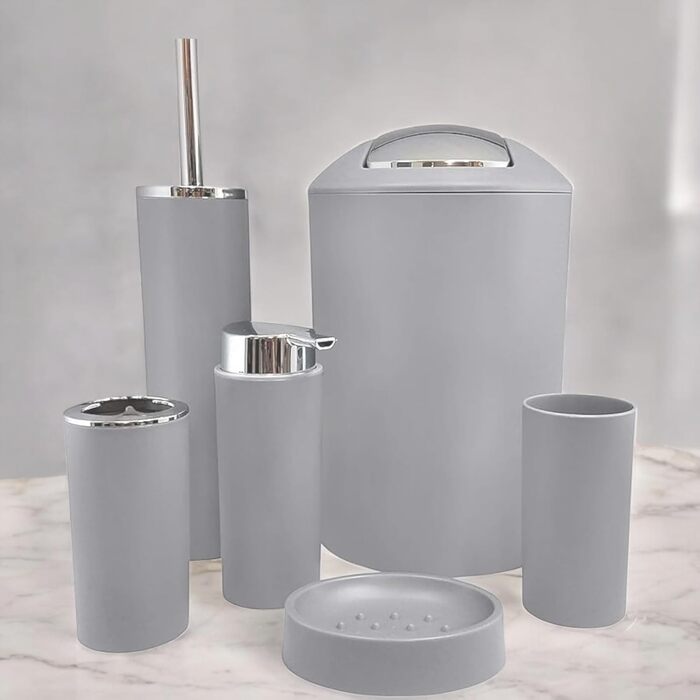 Набір аксесуарів для ванної кімнати 6tlg Badset: мильниця, стакан для зубних щіток, відро для косметики, щітка для унітазу та тримач, мильниця, сміттєвий бак, тримач для зубних щіток (Сірий, дизайн 2a)