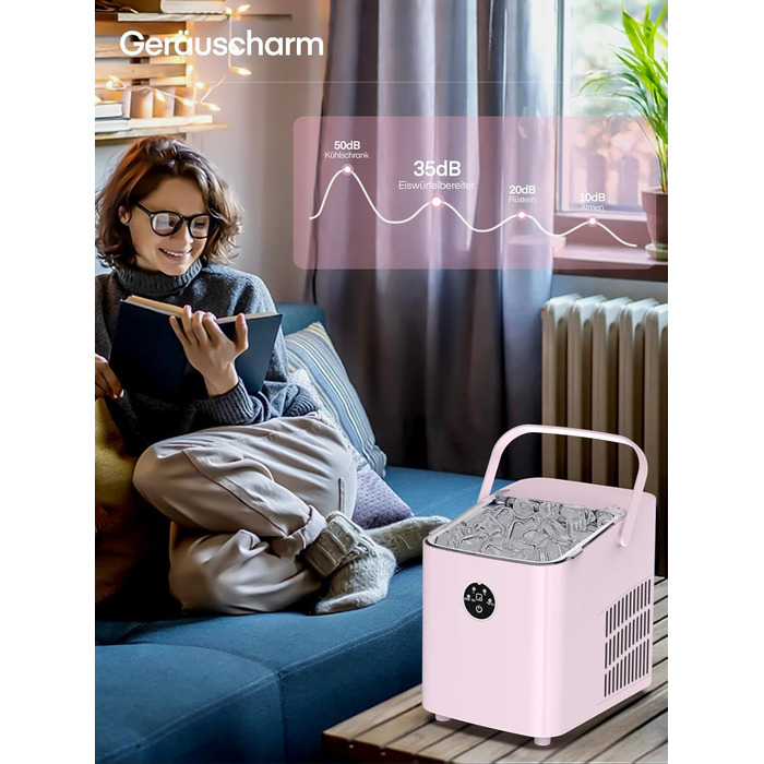 Льодогенератор Fohere 14 кг/24 год, рожевий: швидке виробництво льоду (5 хв), 2 розміри кулеподібного льоду, самоочищення, з ручкою та лопаткою для льоду