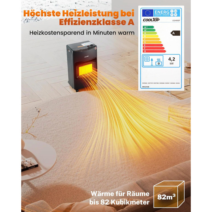Газовий обігрівач Cooltop 4200W з керамічним нагрівачем, для дому, на бутан/пропан, без балончика, з регулятором та шлангом (чорний)